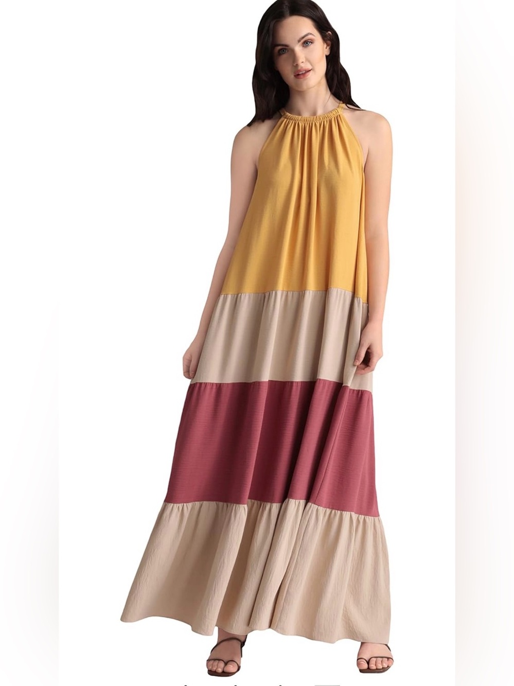 Maggy London Mustard, Beige & Burgundy Colorblock Halter Maxi Skirt